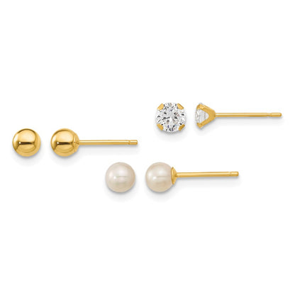 Madi K Ball / CZ / 3- Round Freshwater Cultured Pearl 3-Pair Post Earring Set - WBC