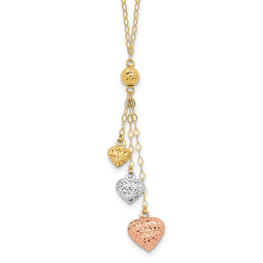 Tri-color Three Puffed Hearts Lariat Necklace Plus Extender - WBC