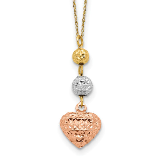 Tri-color Diamond-cut Beads and Puffed Heart Necklace Plus Extender - WBC