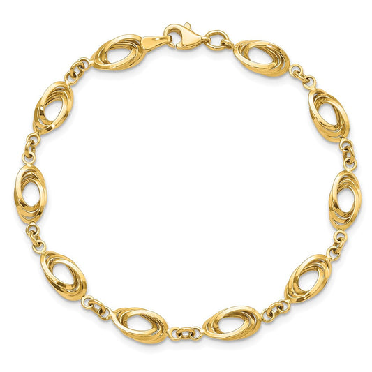 14K Gold Polished Fancy Oval Link Bracelet, 8mm, Fancy Lobster Clasp