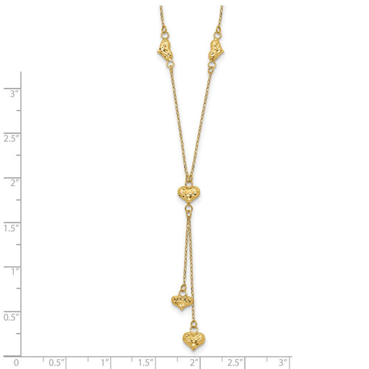14K Gold Polished Diamond-cut Puffed Hearts Lariat Necklace Plus Extender