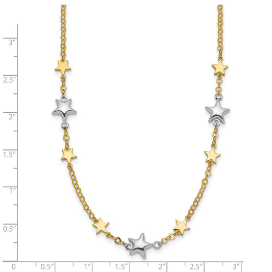 14K Two-Tone Gold Aster Polished Puffed & Flat Stars Necklace Plus Extender
