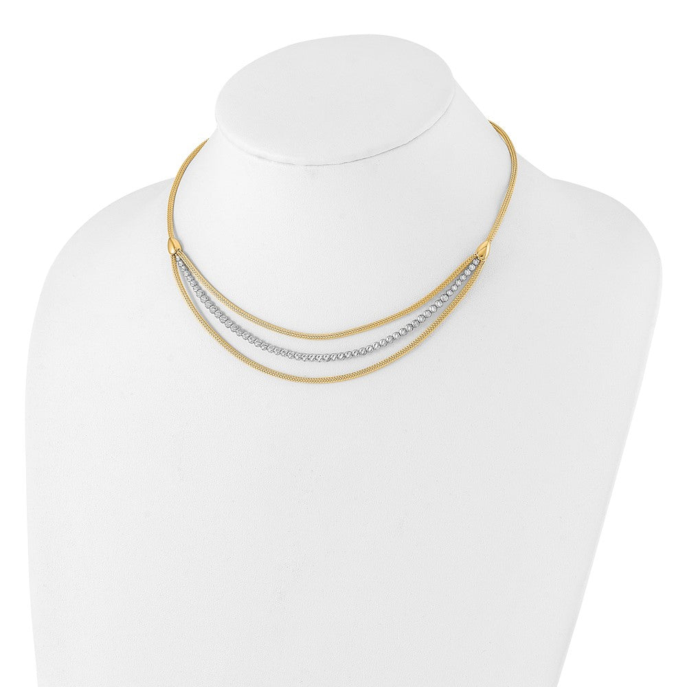 Two-tone Diamond-cut Beads and Mesh Chain 3-Strand Bib Necklace Plus Extender - WBC