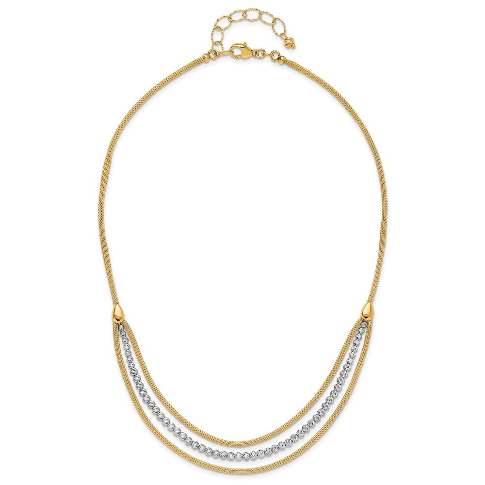 Two-tone Diamond-cut Beads and Mesh Chain 3-Strand Bib Necklace Plus Extender - WBC