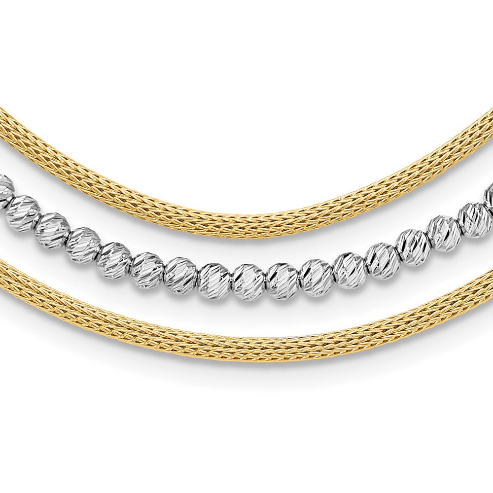 Two-tone Diamond-cut Beads and Mesh Chain 3-Strand Bib Necklace Plus Extender - WBC