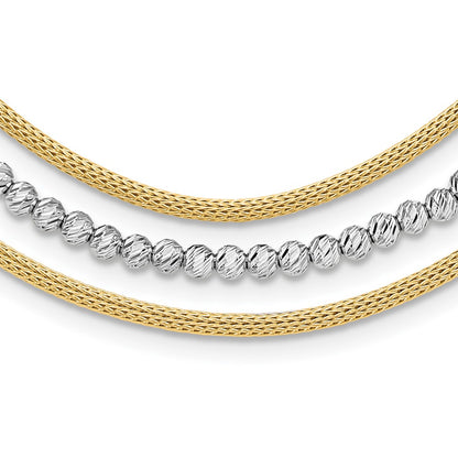 Two-tone Diamond-cut Beads and Mesh Chain 3-Strand Bib Necklace Plus Extender - WBC