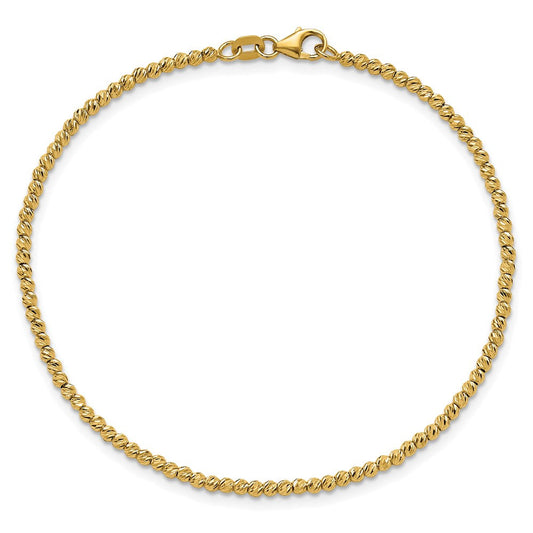 14K Solid Gold Polished & Diamond-cut Round Beaded Bracelet, 2mm