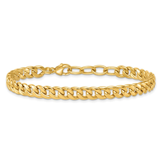 14K Gold Polished Flat Curb Chain Bracelet Plus Extender, 6.6mm