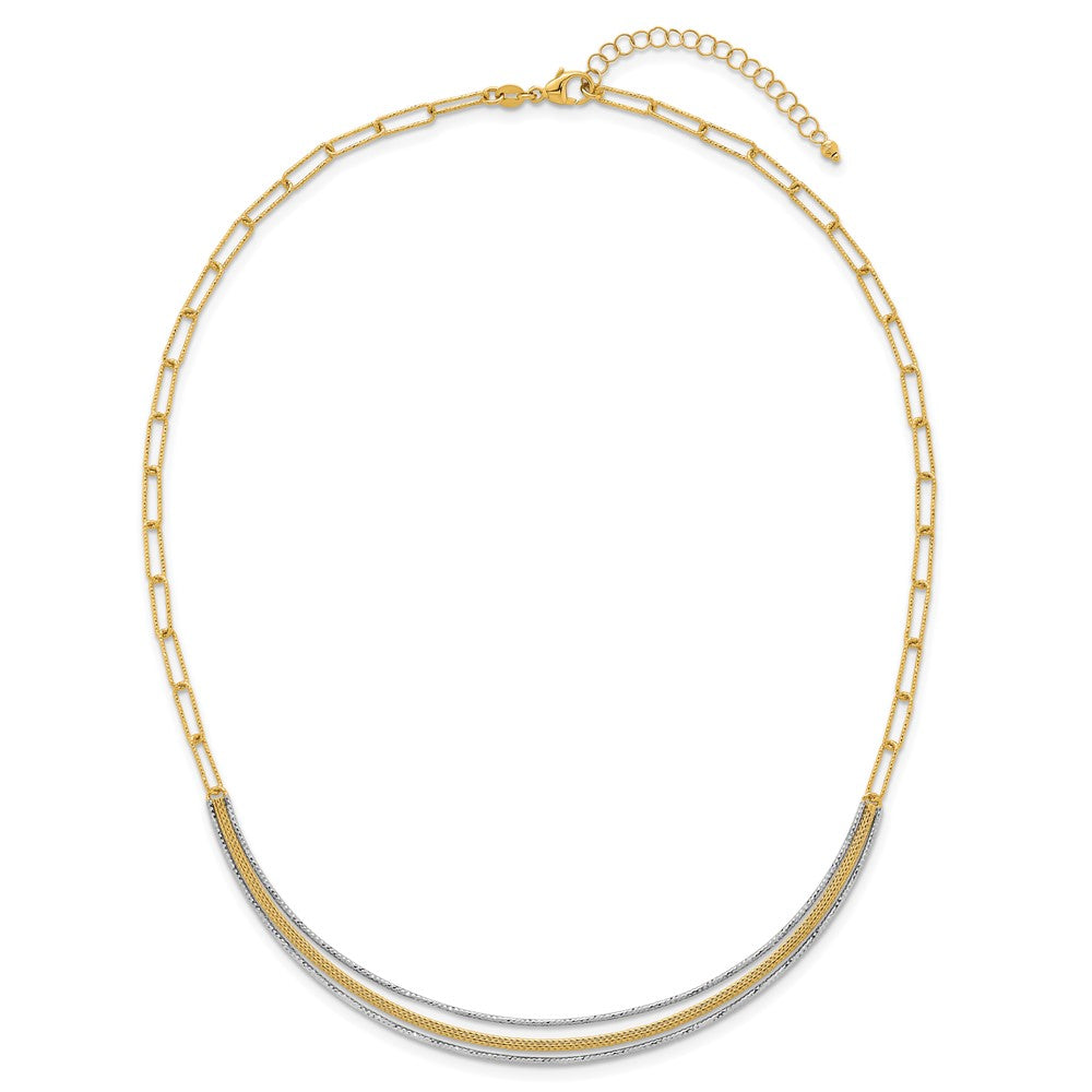 Two-Tone Textured Woven Curved Bar with Long Link Necklace Plus Extender - WBC