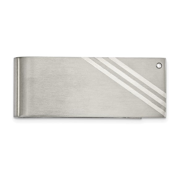 Chisel Stainless Steel Sterling Brushed with Silver Inlay CZ Money Clip