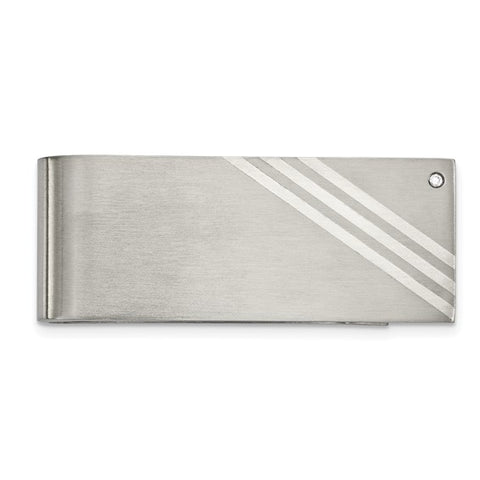 Chisel Stainless Steel Sterling Brushed with Silver Inlay CZ Money Clip