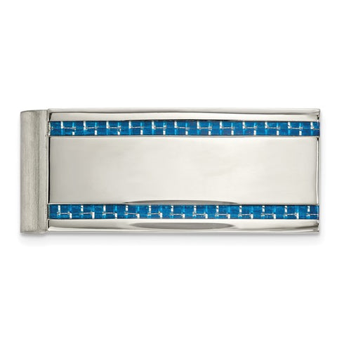 Chisel Stainless Steel Polished Blue Carbon Fiber Inlay Money Clip