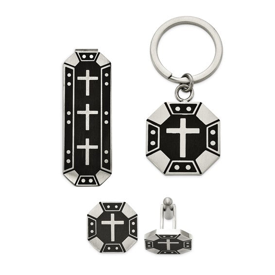 Stainless Steel Cross, Money Clip, Key Chain and Cuff Link with Black IP Box