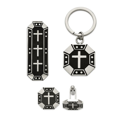 Stainless Steel Cross, Money Clip, Key Chain and Cuff Link with Black IP Box