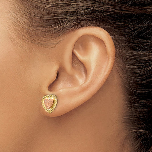 14K Two-Tone Gold Cherie Diamond-cut Heart with Lace Trim Stud Earrings