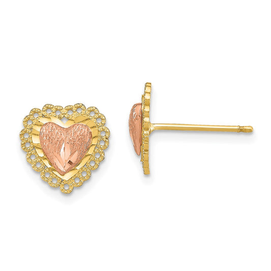 Two-Tone Diamond-cut Heart with Lace Trim Post Earrings - WBC