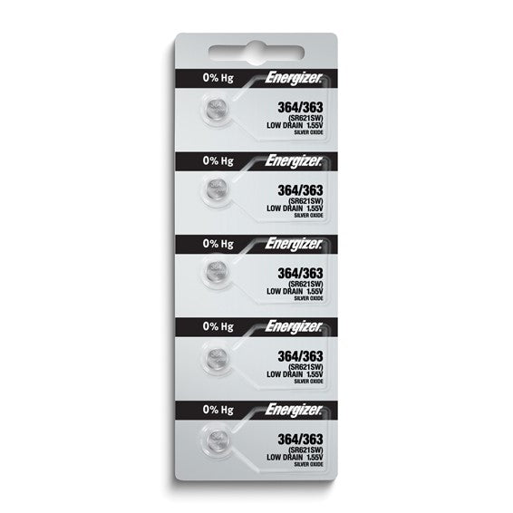 Pkg/(5) Type 364/363 Energizer Watch Batteries Tear Strip