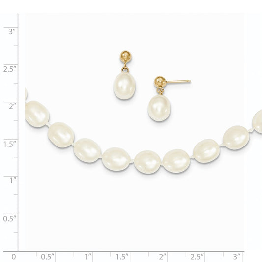 14K Gold 7mm Rice Freshwater Cultured Pearl Necklace & Post Earring Set