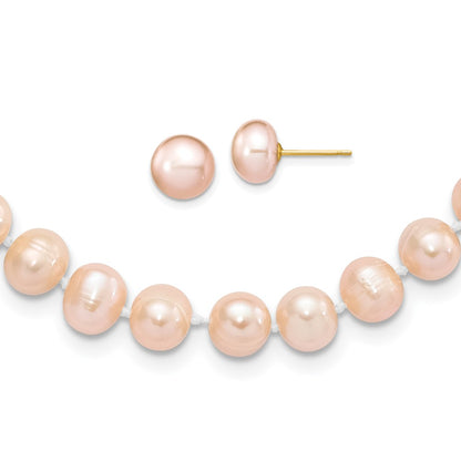 7- Pink Near-Round Freshwater Cultured Pearl Necklace and Button Earring Set - WBC