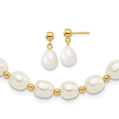 7- Rice Freshwater Cultured Pearl Necklace and Bead Post Dangle Earring Set - WBC