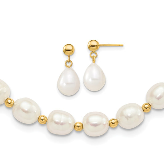 7- Rice Freshwater Cultured Pearl Necklace and Bead Post Dangle Earring Set - WBC