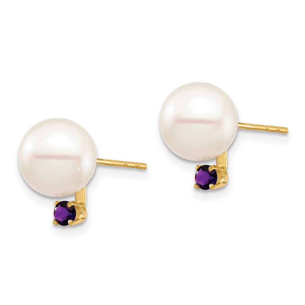 8- Round Freshwater Cultured Pearl and .14AM Amethyst Post Earrings - WBC