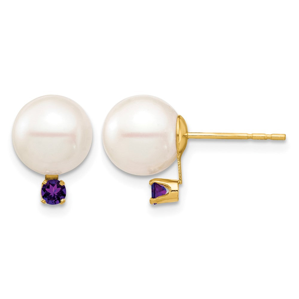 8- Round Freshwater Cultured Pearl and .14AM Amethyst Post Earrings - WBC