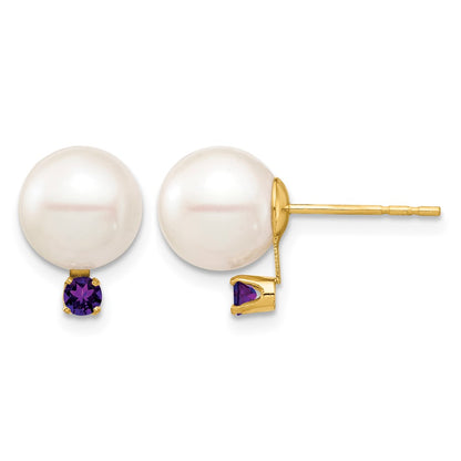8- Round Freshwater Cultured Pearl and .14AM Amethyst Post Earrings - WBC