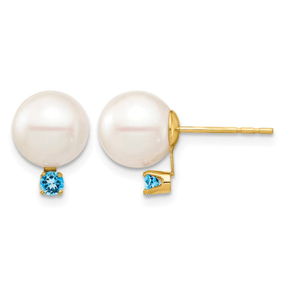 8- Round Freshwater Cultured Pearl and .18BT Swiss Blue Topaz Post Earrings - WBC
