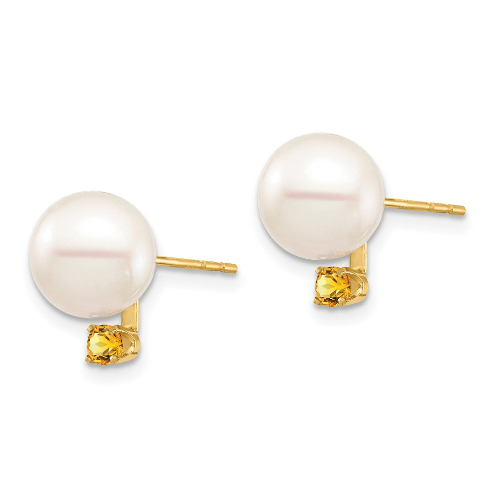 8- Round Freshwater Cultured Pearl and .14CI Citrine Post Earrings - WBC
