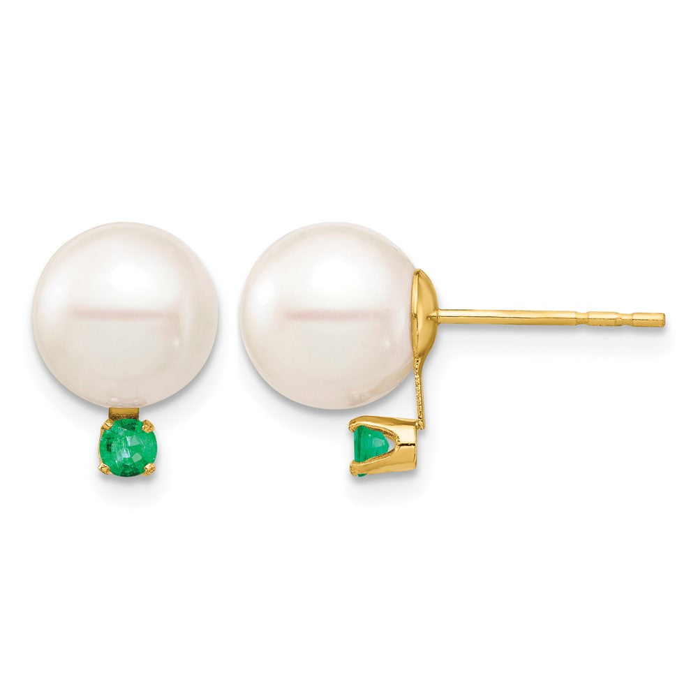 8- Round Freshwater Cultured Pearl and .18EM Emerald Post Earrings - WBC