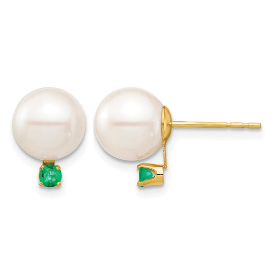 8- Round Freshwater Cultured Pearl and .18EM Emerald Post Earrings - WBC