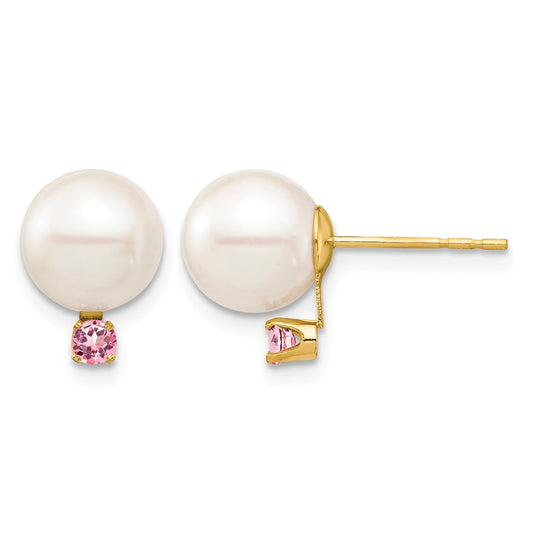 8- Round Freshwater Cultured Pearl and .14PT Pink Topaz Post Earrings - WBC