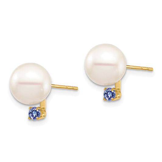 8- Round Freshwater Cultured Pearl and .14TZ Tanzanite Post Earrings - WBC