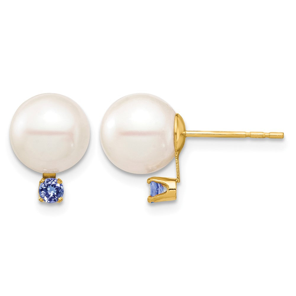 8- Round Freshwater Cultured Pearl and .14TZ Tanzanite Post Earrings - WBC