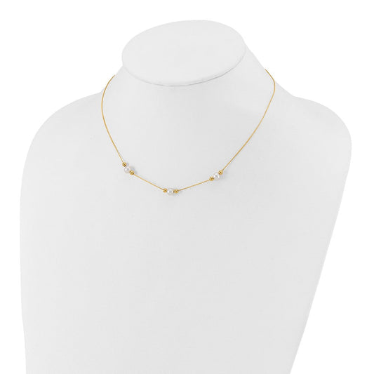 14K Gold Polished Round Freshwater Cultured Pearl & Bead 3-Station Necklace Plus Extender