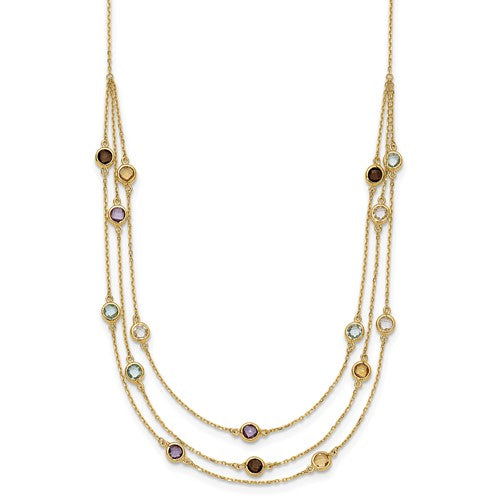 14K Smoky Quartz/White Quartz/Blue Topaz/Citrine/Amethyst 3-strand 17 inch Necklace