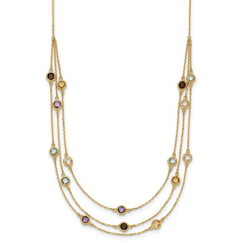 14K Smoky Quartz/White Quartz/Blue Topaz/Citrine/Amethyst 3-strand 17 inch Necklace