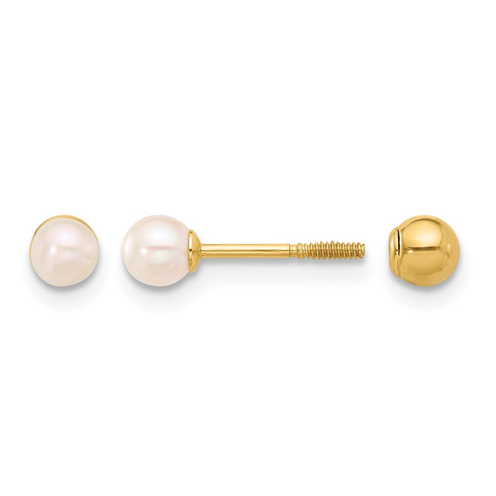 3- Round Freshwater Cultured Pearl Front and Back Ball Post Screwback Earrings - WBC