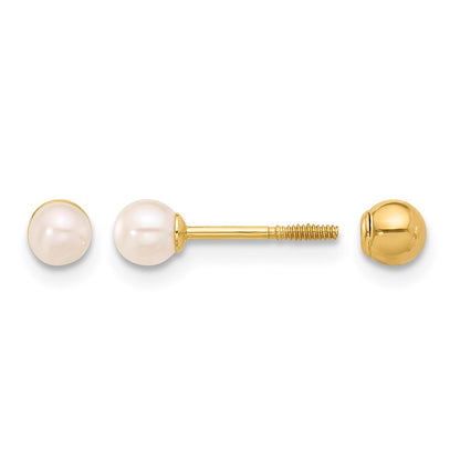 3- Round Freshwater Cultured Pearl Front and Back Ball Post Screwback Earrings - WBC