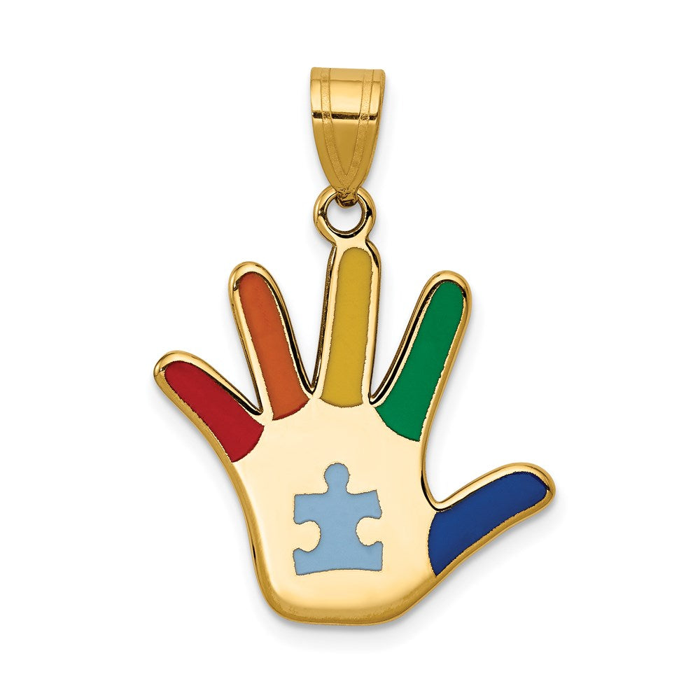 Enameled Autism with Puzzle Piece Handprint Pendant - WBC