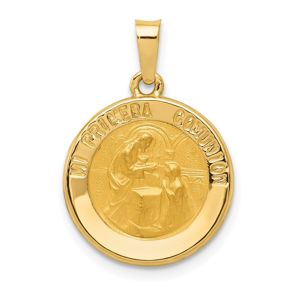 Polished and Satin Hollow Spanish Mi Primera Comunion Medal Round Pendant - WBC