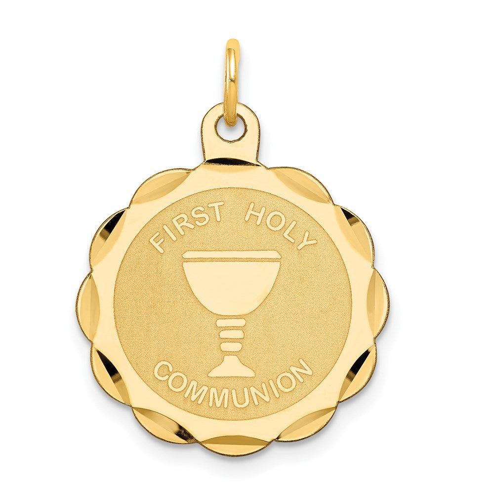 Polished and Satin Solid FIRST HOLY COMMUNION Scalloped Edge Round Disc Pendant - WBC