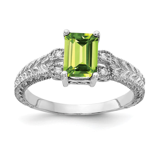 Emerald-cut Peridot and 1/20 carat AA Diamond Ring - WBC
