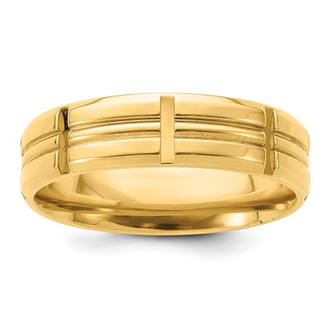 14k Yellow Gold 6mm Lightweight Comfort Fit Brushed Satin Grooved with Vertical Lines Wedding Band Size 13.5