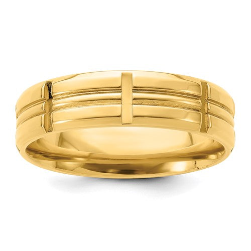 14k Yellow Gold 6mm Lightweight Comfort Fit Brushed Satin Grooved with Vertical Lines Wedding Band Size 8.5