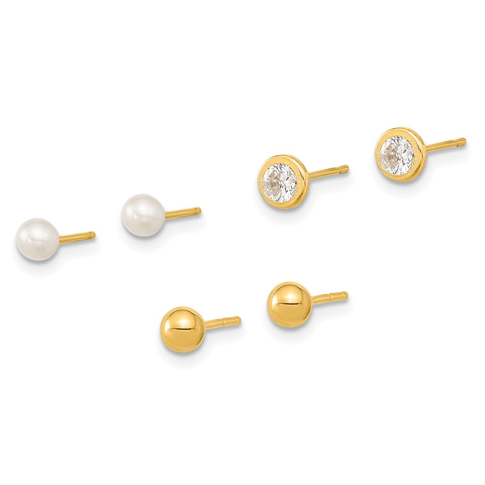 Polished Ball/3- Freshwater Cultured Pearl/ CZ Bezel Set of 3 Pair Post Earrings - WBC