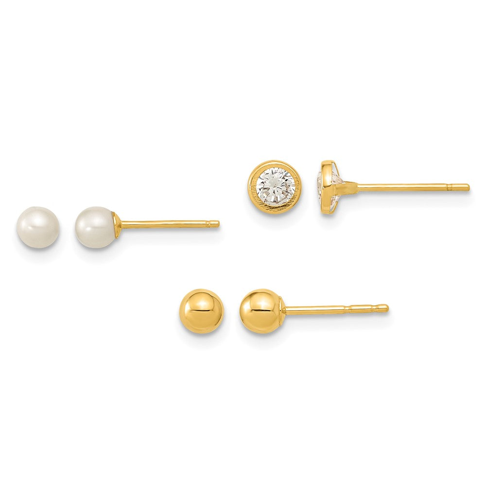 Polished Ball/3- Freshwater Cultured Pearl/ CZ Bezel Set of 3 Pair Post Earrings - WBC