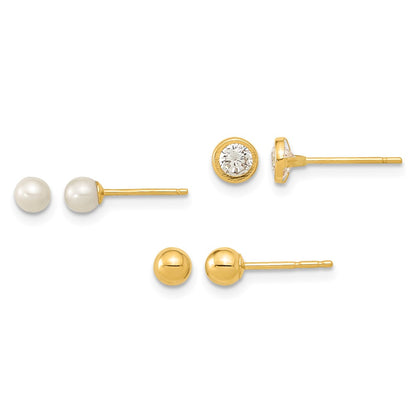 Polished Ball/3- Freshwater Cultured Pearl/ CZ Bezel Set of 3 Pair Post Earrings - WBC