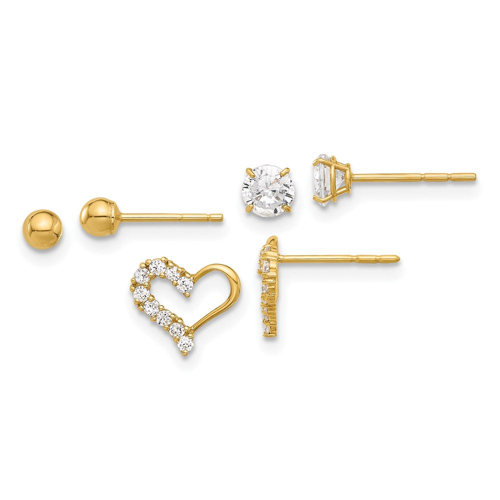 Polished CZ/ Ball/CZ Heart Post Set 3 Pair Earrings - WBC